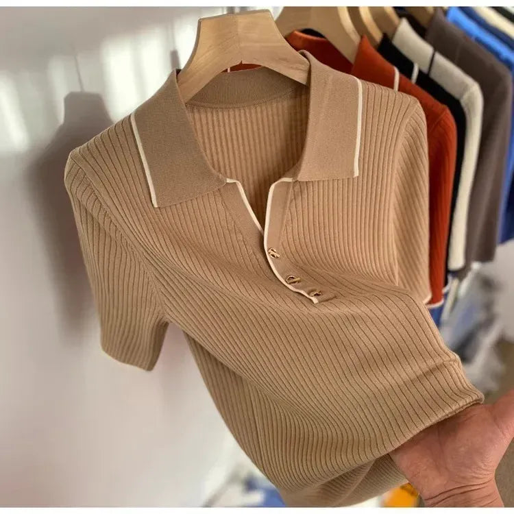 T-line Polo Neck Ice Silk T-Shirt Knitted , Short Sleeve , Slim  Women's  Sweatshirt (5 - 10  work days free delivery)