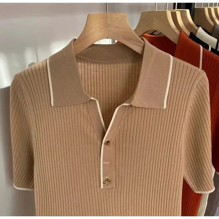 T-line Polo Neck Ice Silk T-Shirt Knitted , Short Sleeve , Slim  Women's  Sweatshirt (5 - 10  work days free delivery)