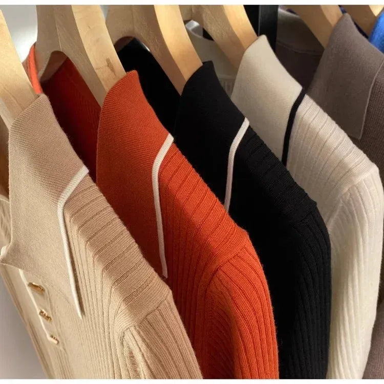 T-line Polo Neck Ice Silk T-Shirt Knitted , Short Sleeve , Slim  Women's  Sweatshirt (5 - 10  work days free delivery)