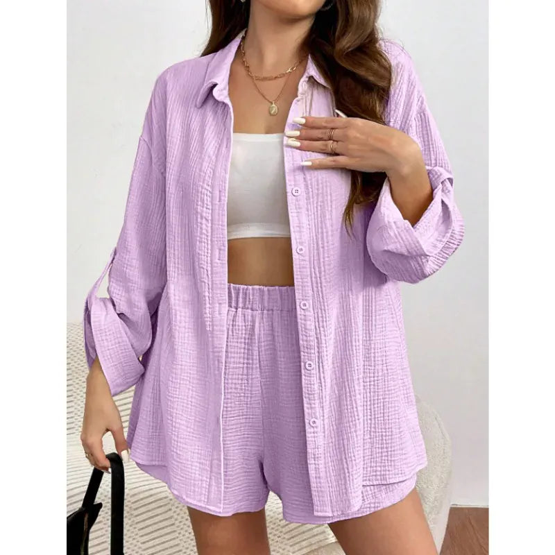 T-line Purpel / S Loose Short Pants Sets For Women, Women's Two Pieces Suit, shirt (2 weeks delivery)
