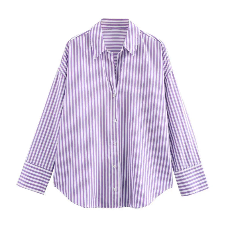 T-line Purpel / XS women's  striped, long sleeve, lapel, loose,  poplin shirt multi-color (2 weeks delivery)