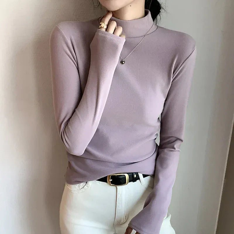 T-line Purple / M Half-High Neck, Double-Sided Fleece,  Base Shirt for Women, Autumn / Winter, Long-Sleeve Top, Warm, pullover, sweater  (2 weeks delivery)