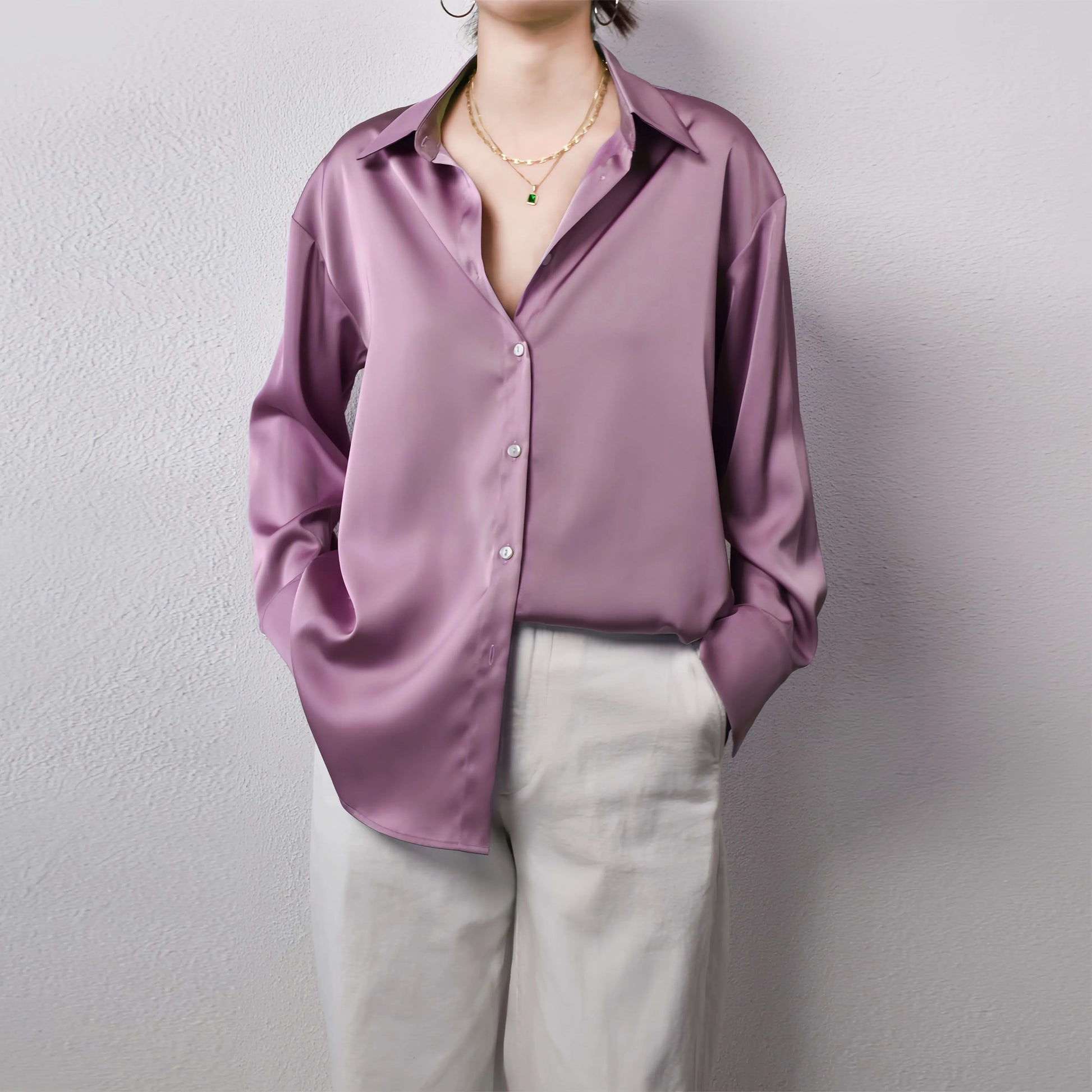 T-line Purple / S Shirt, Blouses For Women, Satin, Multicolor, Basic Slim Shirt, Solid All-Match, Top ,  (2 weeks delivery)