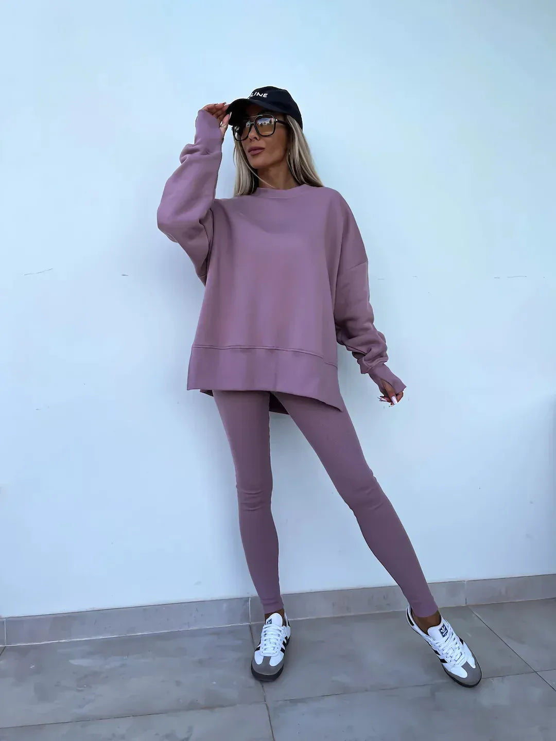 T-line Purple / S solid color round neck loose pullover hoodie  suit,  yoga skinny pants und pullover,  legging,  Female two-piece set (2 weeks delivery)
