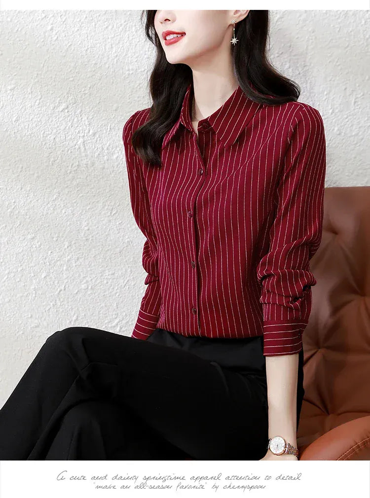 T-line Red / M Striped Women Shirt,  Female  Long Sleeve Blouse, Button, (2 weeks delivery)