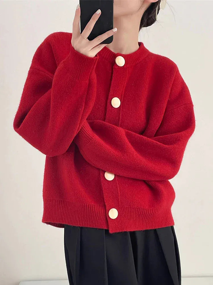 T-line Red / One Size Women Cardigans, Sweater,  O-neck, Autumn / Winter,  Knitted (2 weeks delivery)