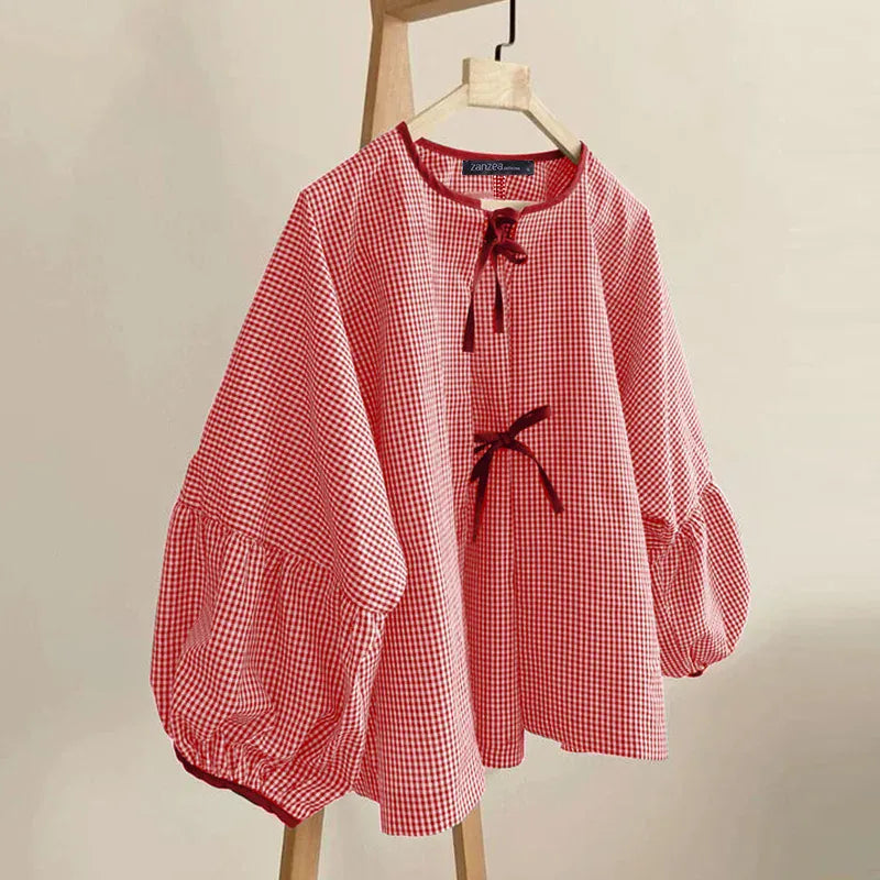 T-line Red / S Women Plaid Blouse,  Shirts,  O-neck, Long Sleeve, (2 weeks delivery)