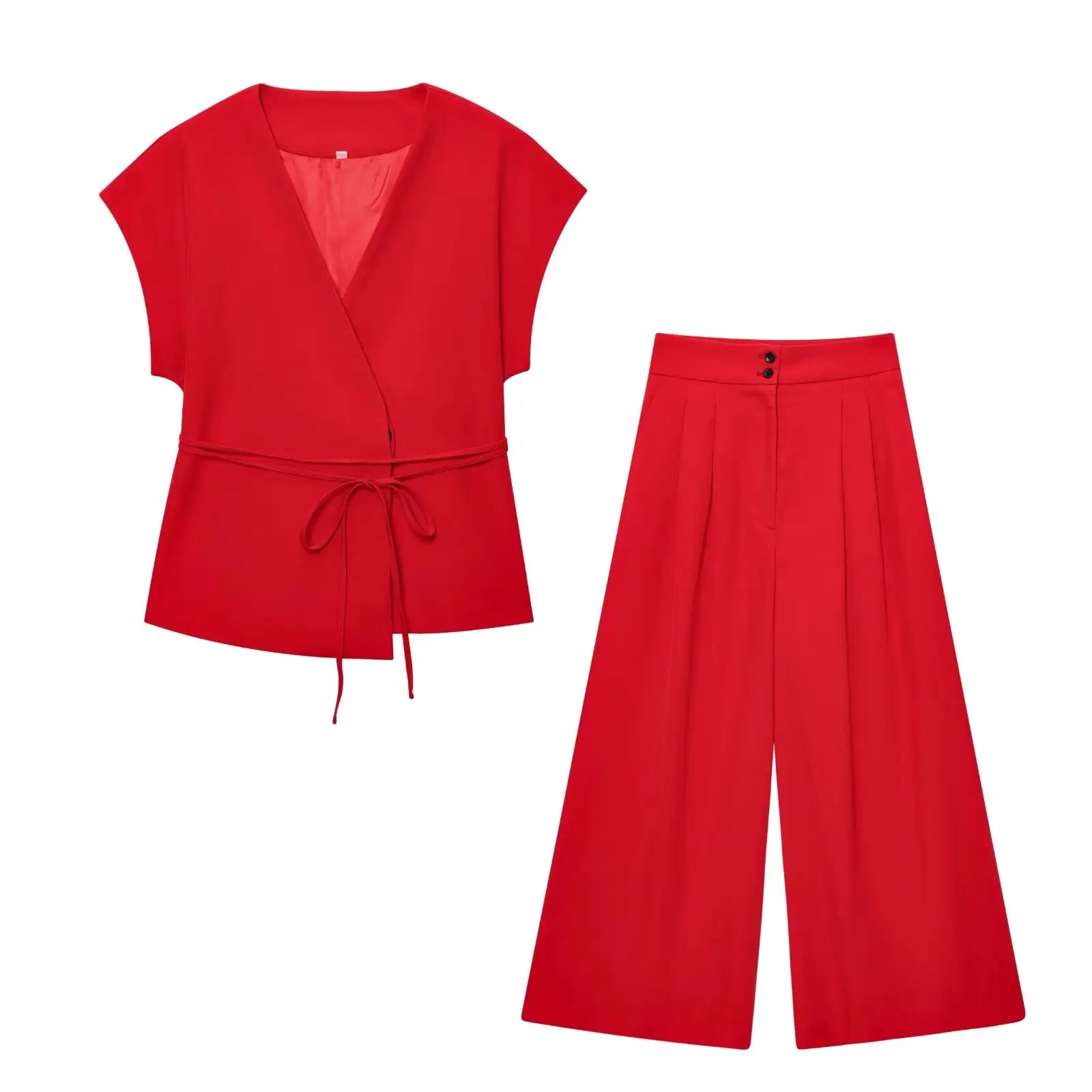 T-line Red Set / XS Women's Trouser/pant  Suits Sleeveless V-Neck Top,  With Belt,  Straight Pants,   2 Piece Set (2 weeks delivery)