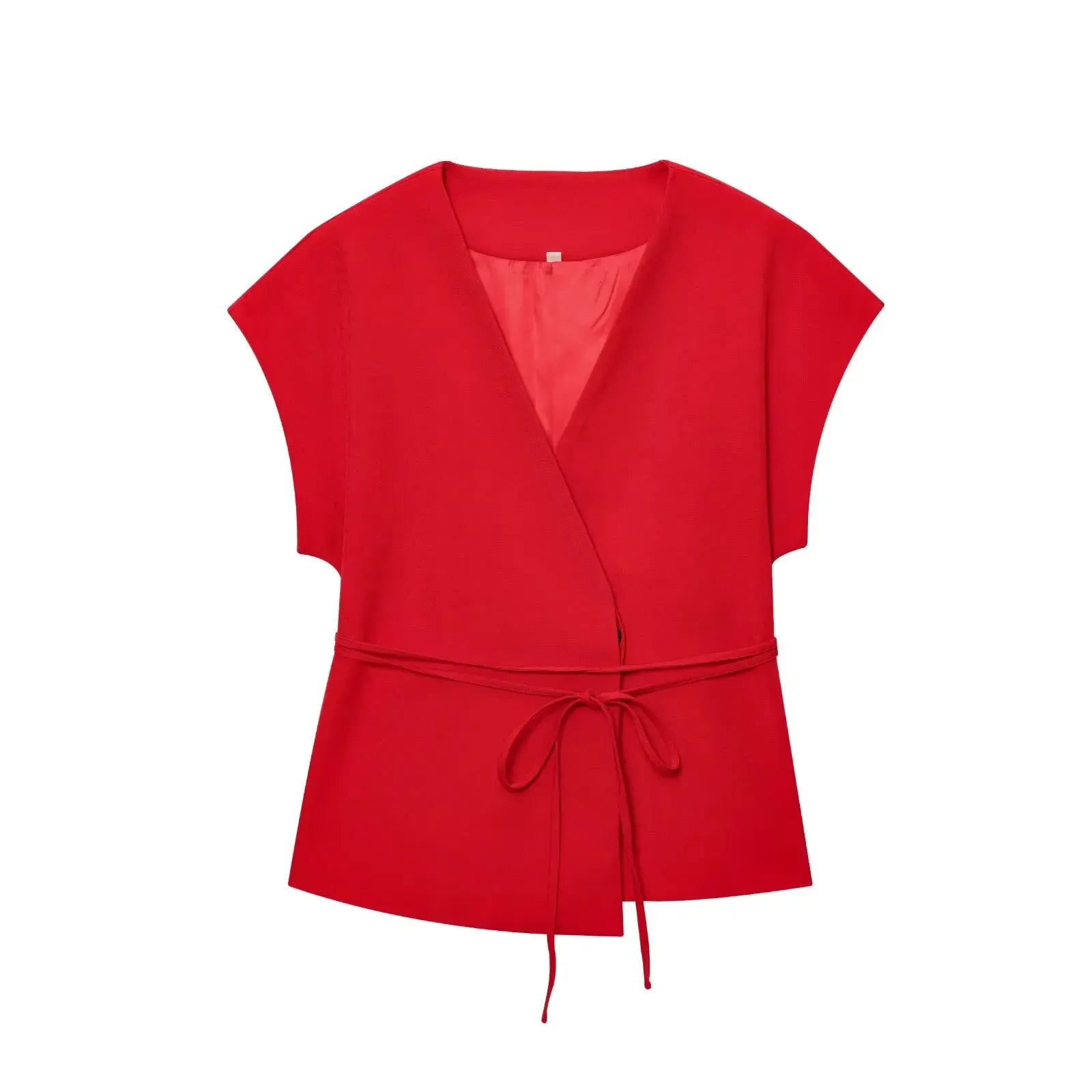 T-line Red Top / XS Women's Trouser/pant  Suits Sleeveless V-Neck Top,  With Belt,  Straight Pants,   2 Piece Set (2 weeks delivery)