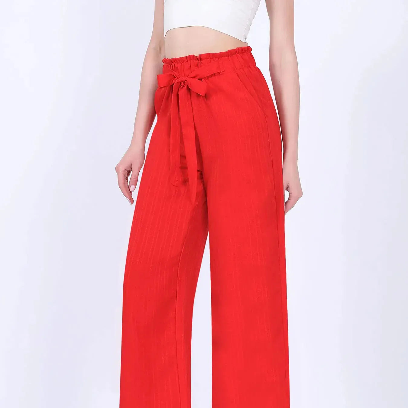 T-line Red Wide Leg Pants, Loose  High Waist Cotton-linen Long Pants, Women Trouser  (2 weeks delivery)