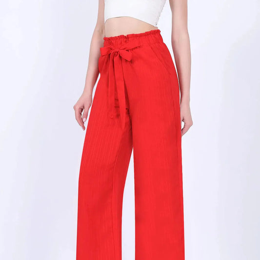 T-line Red Wide Leg Pants, Loose  High Waist Cotton-linen Long Pants, Women Trouser  (2 weeks delivery)