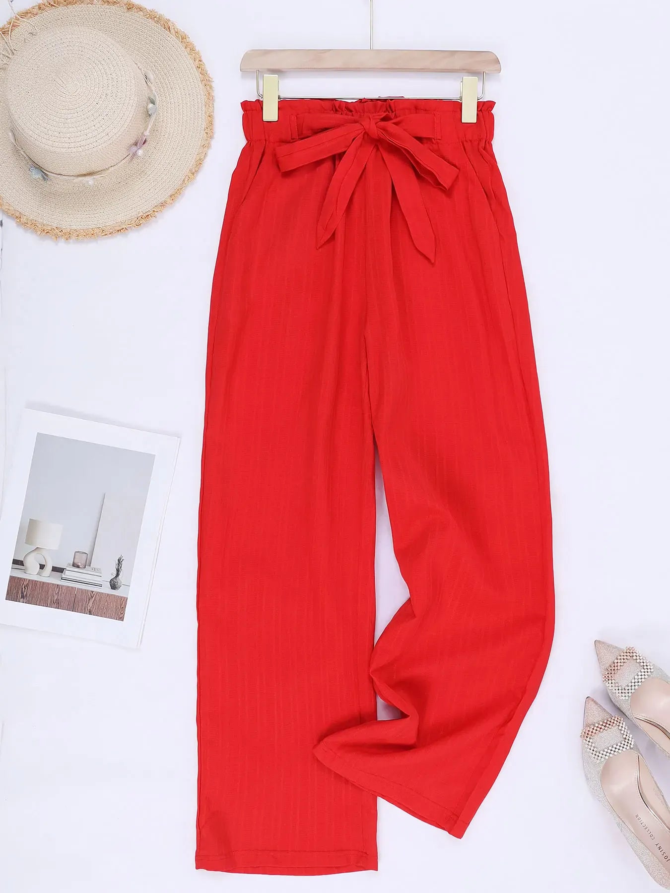 T-line Red Wide Leg Pants, Loose  High Waist Cotton-linen Long Pants, Women Trouser  (2 weeks delivery)