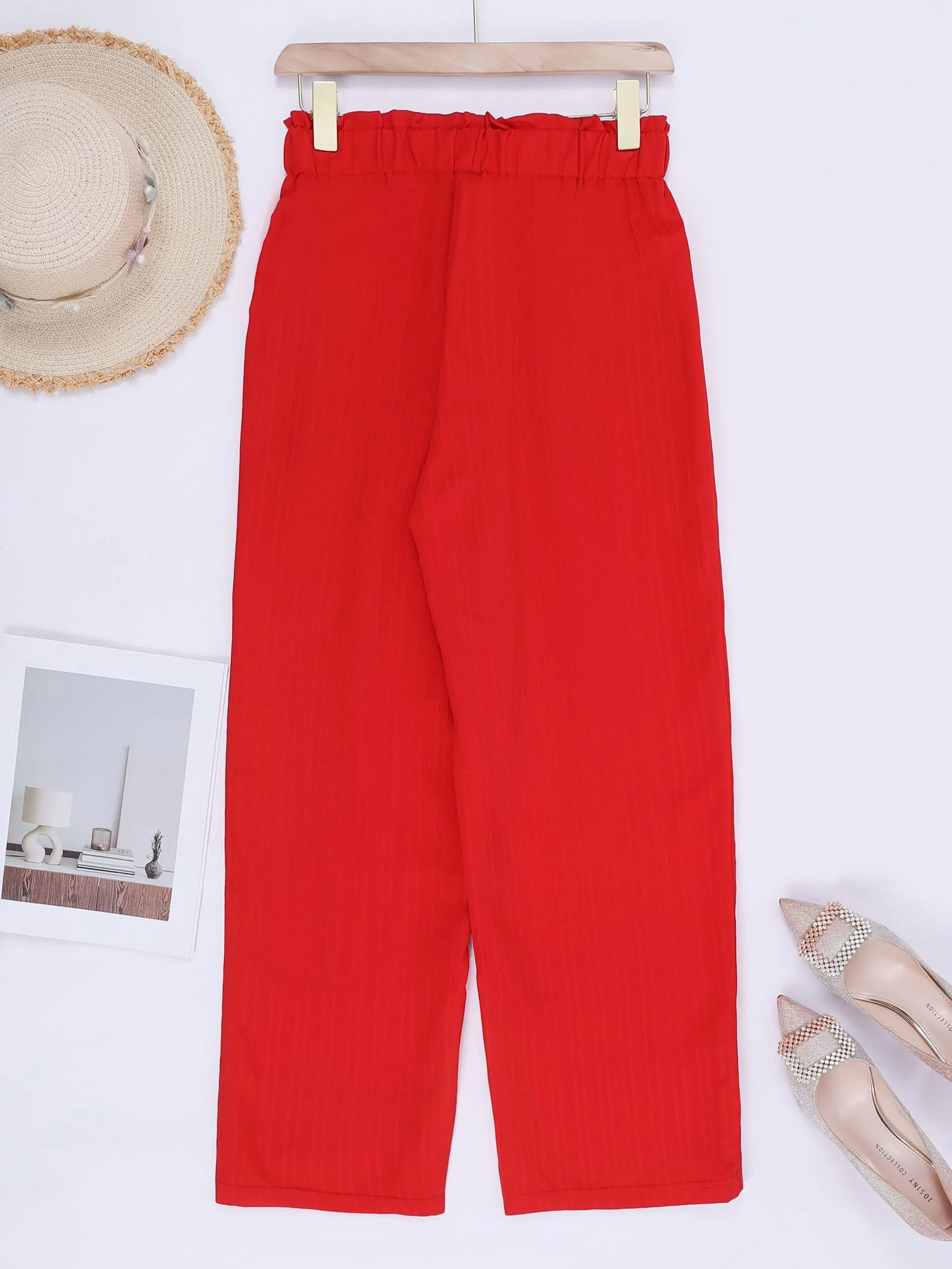 T-line Red Wide Leg Pants, Loose  High Waist Cotton-linen Long Pants, Women Trouser  (2 weeks delivery)