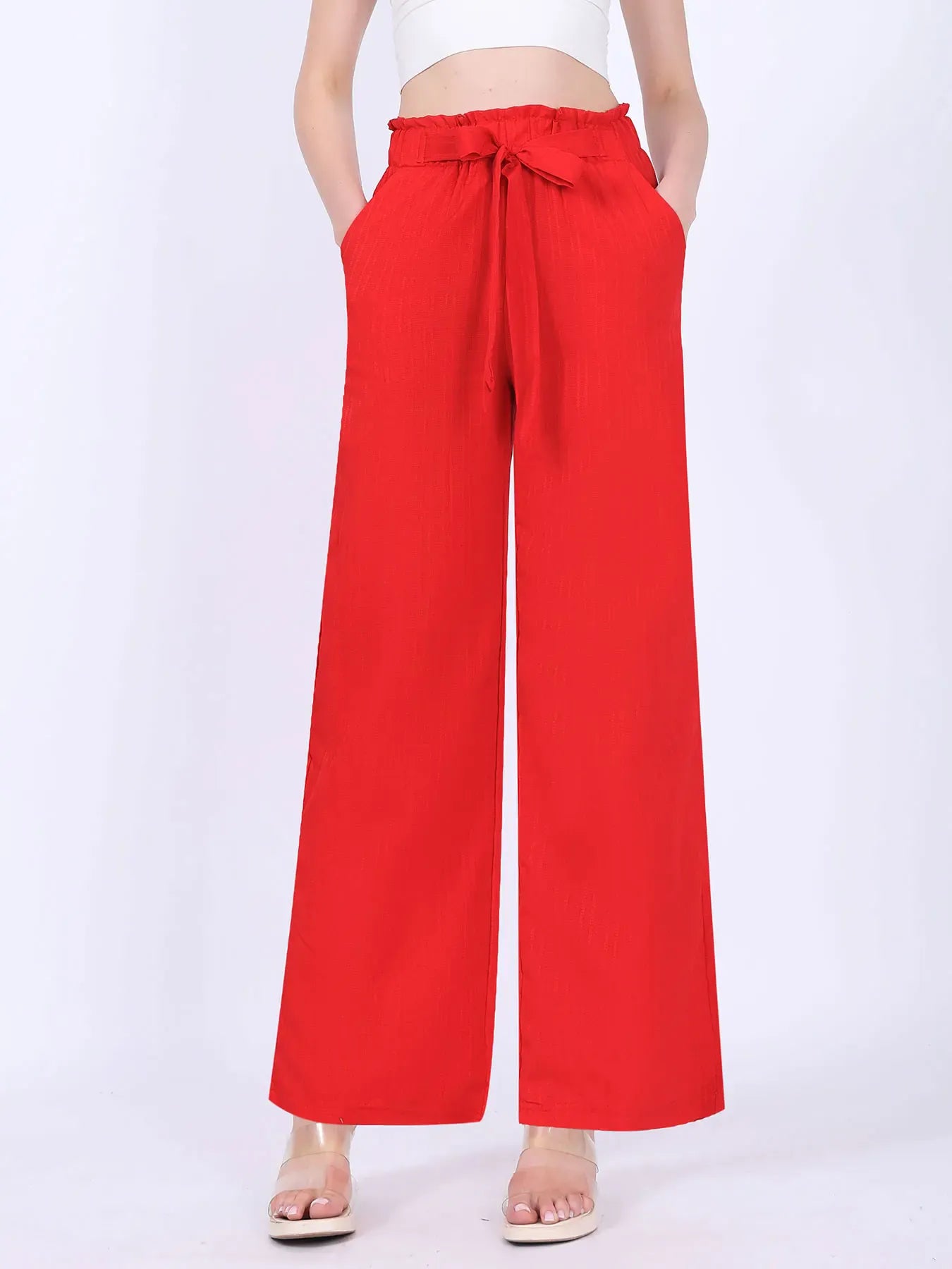 T-line Red Wide Leg Pants, Loose  High Waist Cotton-linen Long Pants, Women Trouser  (2 weeks delivery)