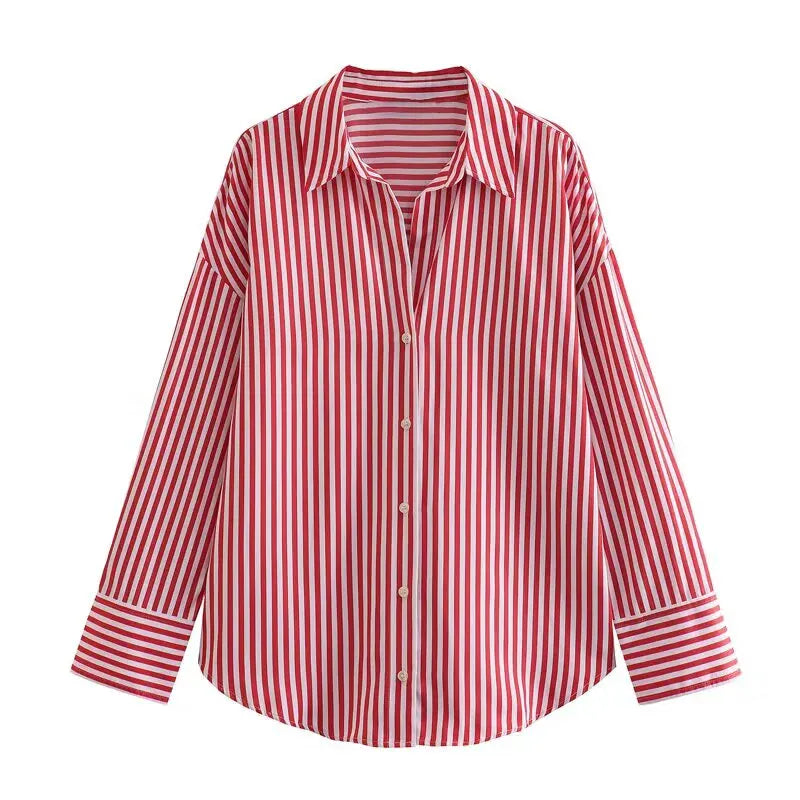 T-line Red / XS women's  striped, long sleeve, lapel, loose,  poplin shirt multi-color (2 weeks delivery)