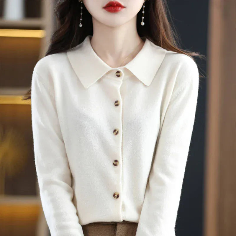 T-line Rice Apricot / S 100% Merino Wool Cardigan, Women's POLO Neck,  Knit Sweater,  Spring / Autumn / winter, Soft Cashmere pullover (2 weeks delivery)