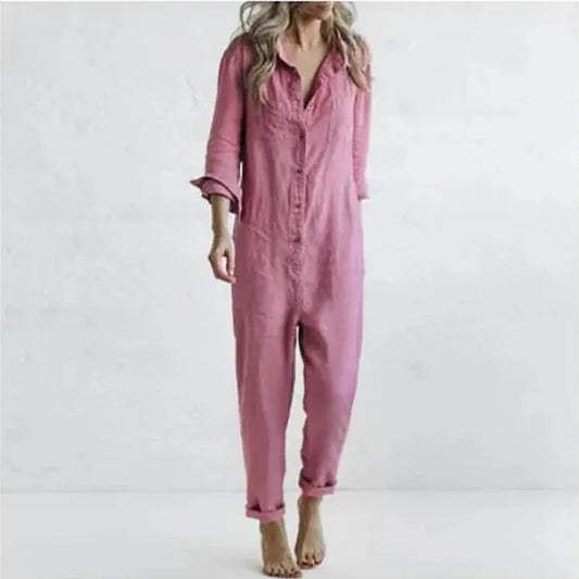T-line Rose / S Cotton Linen  Jumpsuits, Women, Single Breasted, Button, , Long Sleeve, , Solid, Pockets, Overalls (2 weeks delivery)