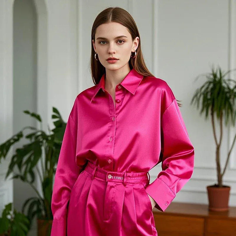 T-line Rose / S Shirt, Blouses For Women, Satin, Multicolor, Basic Slim Shirt, Solid All-Match, Top ,  (2 weeks delivery)