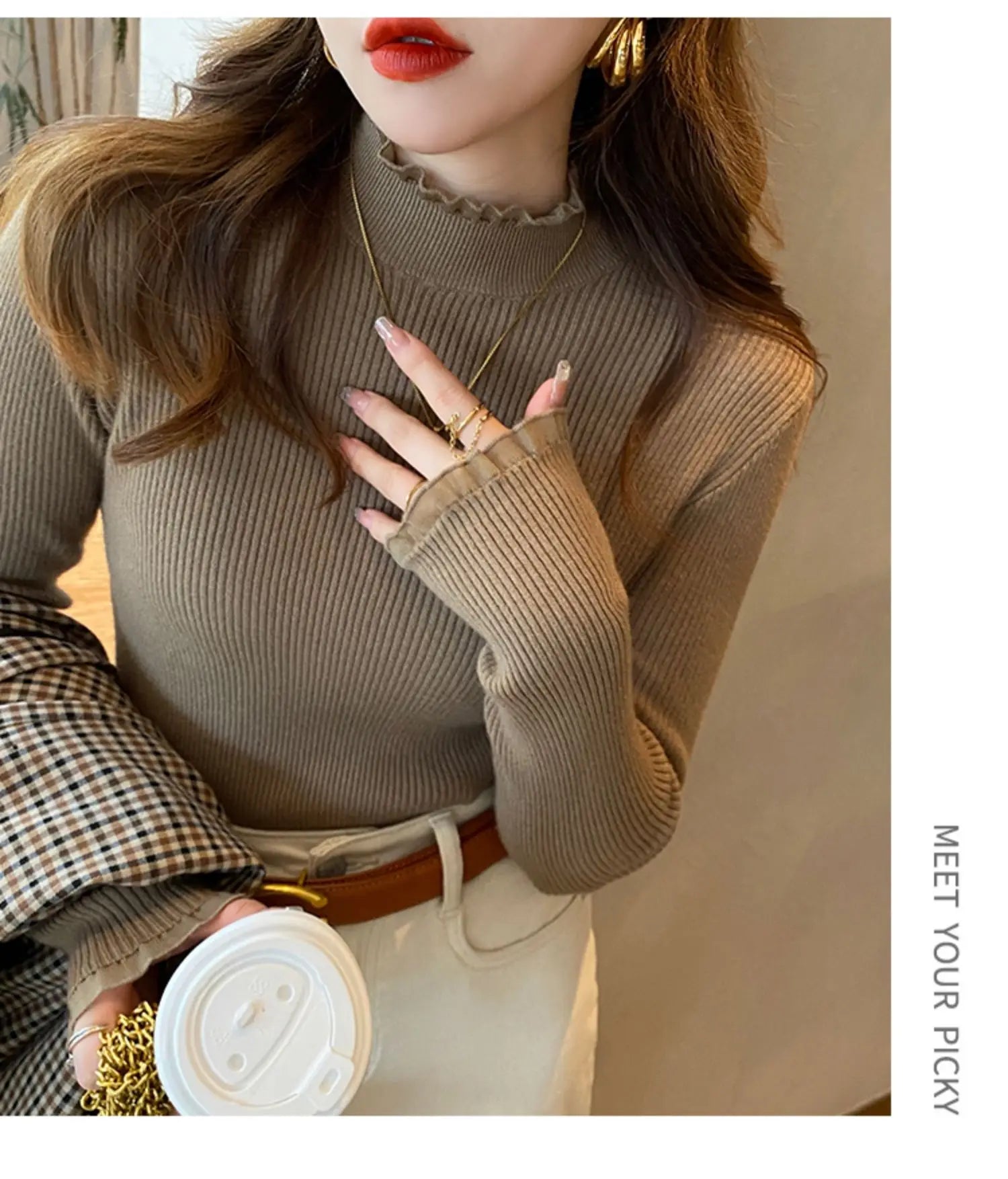 T-line Ruched Lace Solid Basic Knitted Tops Women Turtlneck Sweater Long Sleeve Casual Slim Pullover Korean Fashion Simple Chic Clothes (2 weeks delivery)