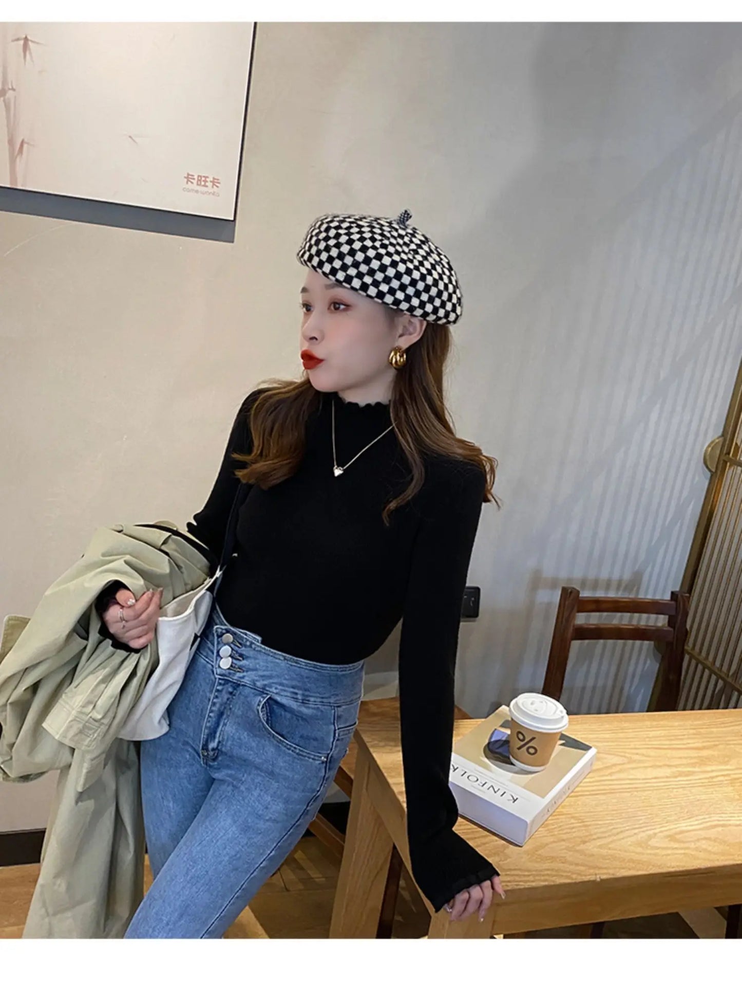 T-line Ruched Lace Solid Basic Knitted Tops Women Turtlneck Sweater Long Sleeve Casual Slim Pullover Korean Fashion Simple Chic Clothes (2 weeks delivery)