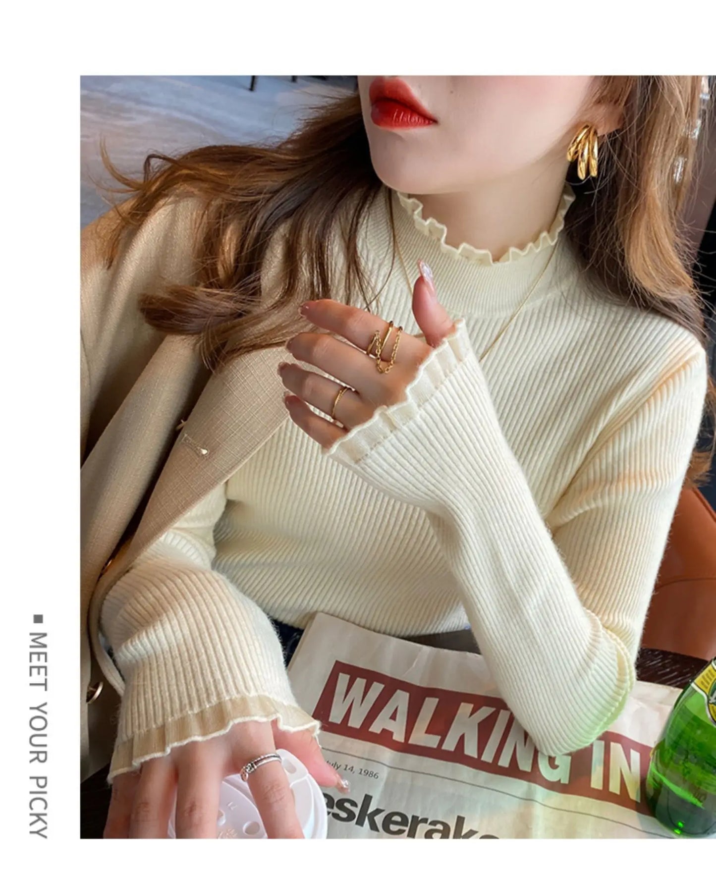 T-line Ruched Lace Solid Basic Knitted Tops Women Turtlneck Sweater Long Sleeve Casual Slim Pullover Korean Fashion Simple Chic Clothes (2 weeks delivery)