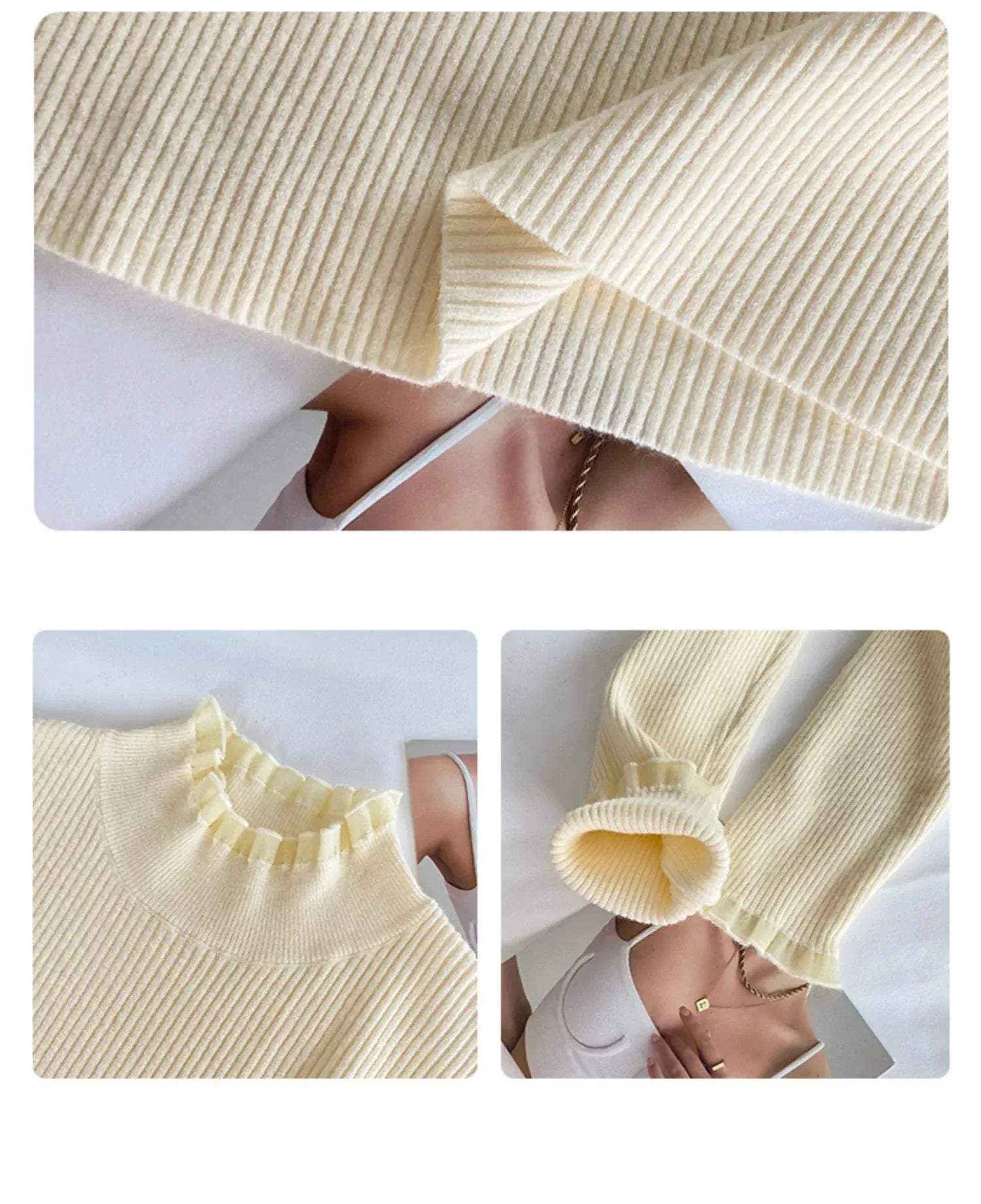 T-line Ruched Lace Solid Basic Knitted Tops Women Turtlneck Sweater Long Sleeve Casual Slim Pullover Korean Fashion Simple Chic Clothes (2 weeks delivery)