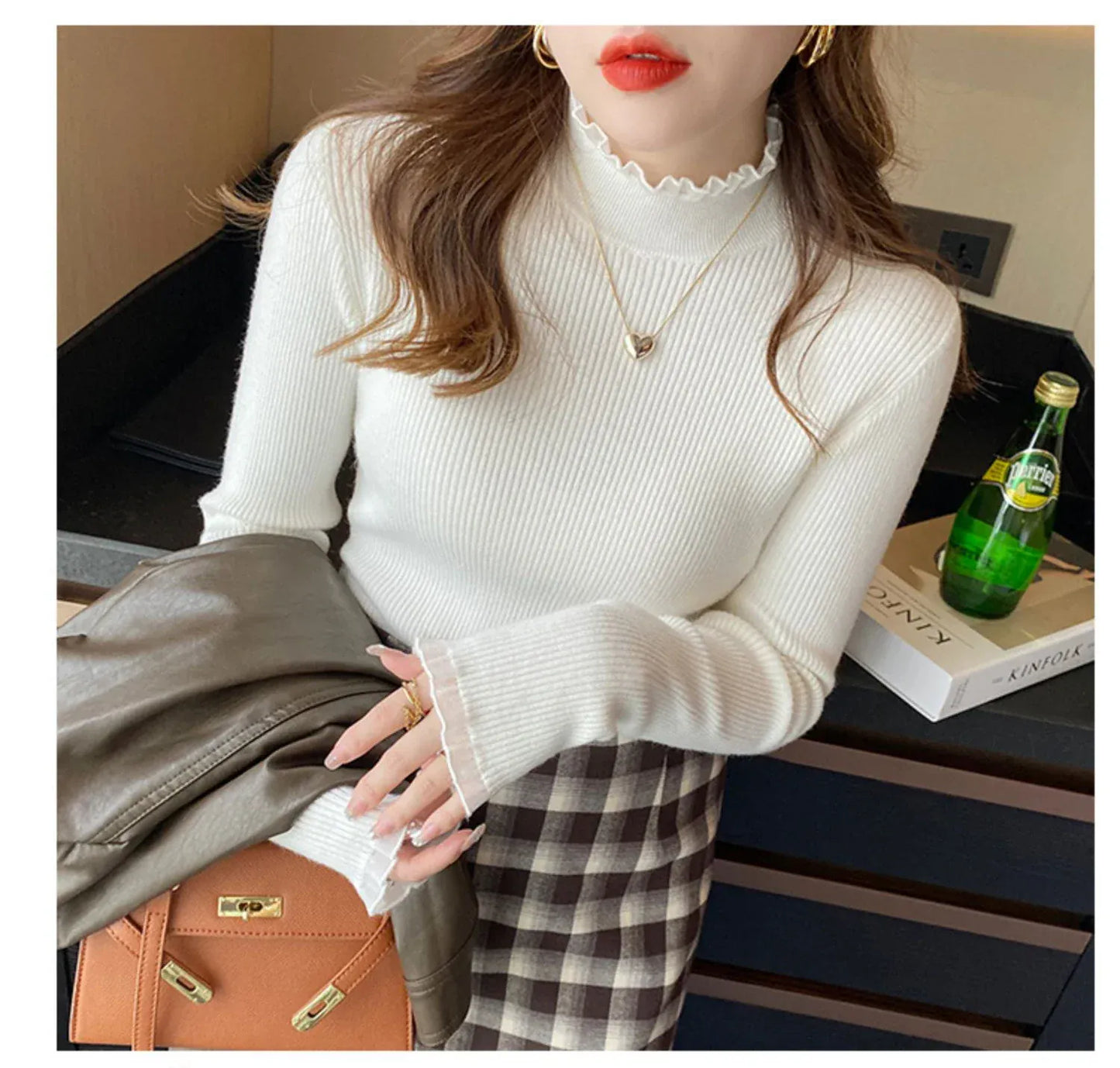 T-line Ruched Lace Solid Basic Knitted Tops Women Turtlneck Sweater Long Sleeve Casual Slim Pullover Korean Fashion Simple Chic Clothes (2 weeks delivery)