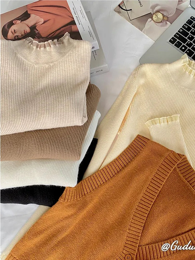 T-line Ruched Lace Solid Basic Knitted Tops Women Turtlneck Sweater Long Sleeve Casual Slim Pullover Korean Fashion Simple Chic Clothes (2 weeks delivery)