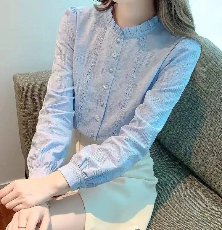 T-line S 80-95 / Light  Blue Long Sleeve  Shirt  Elegant  Style  Blouse (5 - 10  work days free delivery)
