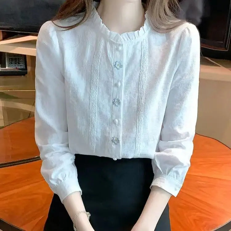 T-line S 80-95 / White Long Sleeve  Shirt  Elegant  Style  Blouse (5 - 10  work days free delivery)