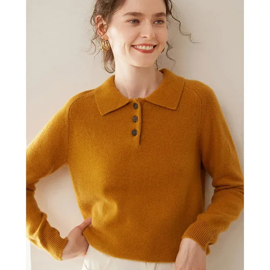 T-line S / Apricot Yellow Polo Collar Cashmere, Knitted Sweater, Women's Slim Fit Soft  Autumn / Winter  Turtleneck Top / pullover (2 weeks delivery)