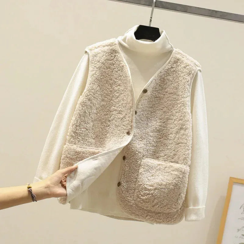 T-line S / Beige White Lamb Fur Women's Vest, Short , Autumn Winter,  Fluffy (2 weeks delivery)