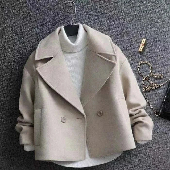 T-line S / Beige White Woolen Jacket For Women, Winter, Single Button Overcoat (2 weeks delivery)
