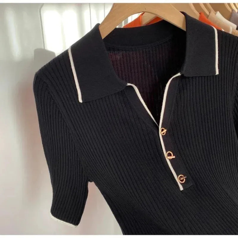 T-line S / Black Polo Neck Ice Silk T-Shirt Knitted , Short Sleeve , Slim  Women's  Sweatshirt (5 - 10  work days free delivery)