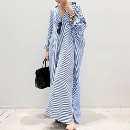 T-line S / Blue Women Long Dress, Striped, Straight , Shirt Dress, long loose Sleeve (2 weeks delivery)