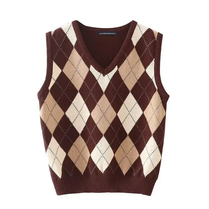 T-line S / Brown Check V-Neck Knitted Top Vest Women,  Outerwear (2 weeks delivery)