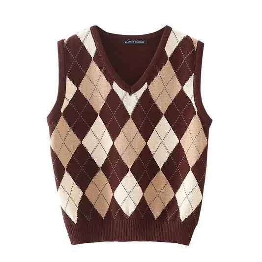 T-line S / Brown Check V-Neck Knitted Top Vest Women,  Outerwear (2 weeks delivery)