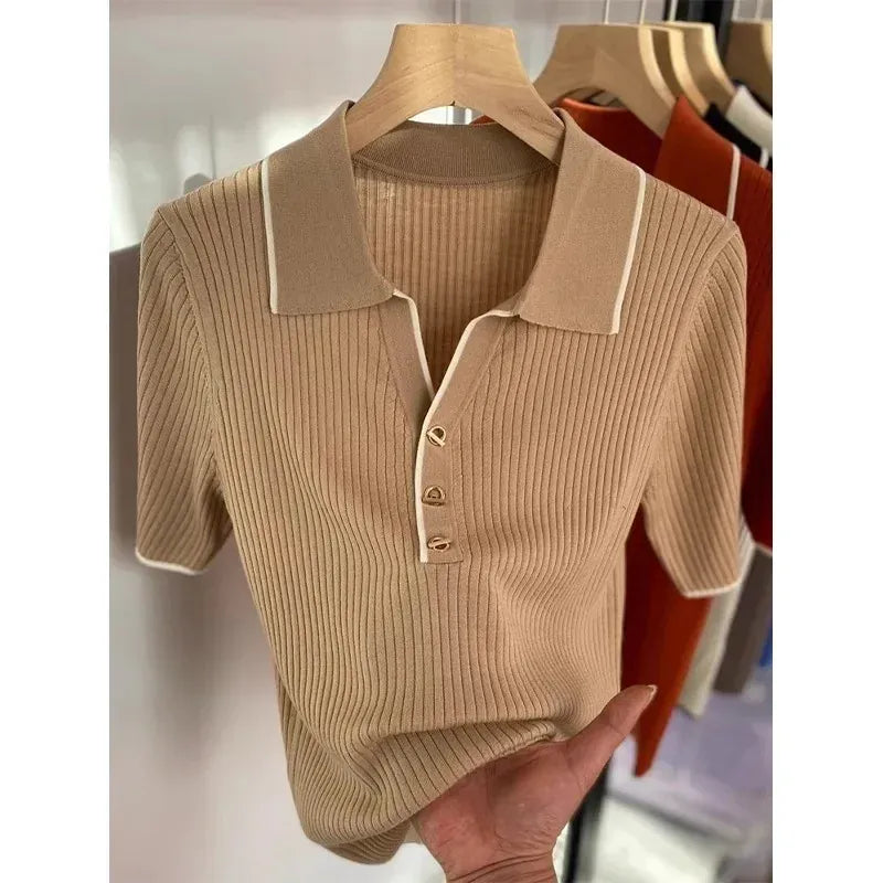 T-line S / Camel Polo Neck Ice Silk T-Shirt Knitted , Short Sleeve , Slim  Women's  Sweatshirt (5 - 10  work days free delivery)