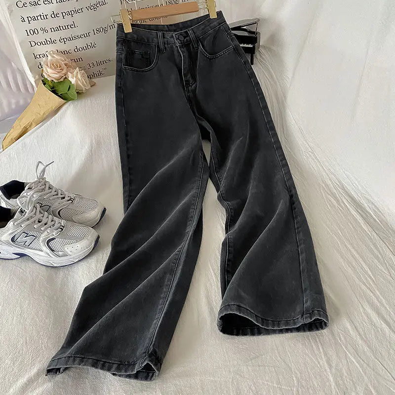 T-line S / Charcoal Gray High-waisted, Loose-fit Slimming, Straight-leg, Jeans,  Women,  Long Trousers, denim (2 weeks delivery)