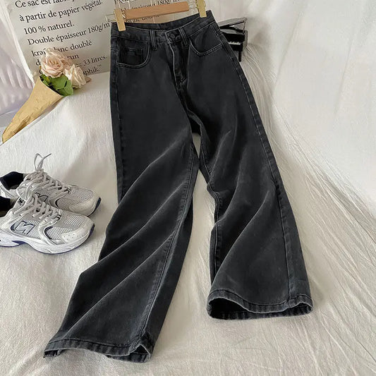 T-line S / Charcoal Gray High-waisted, Loose-fit Slimming, Straight-leg, Jeans,  Women,  Long Trousers, denim (2 weeks delivery)