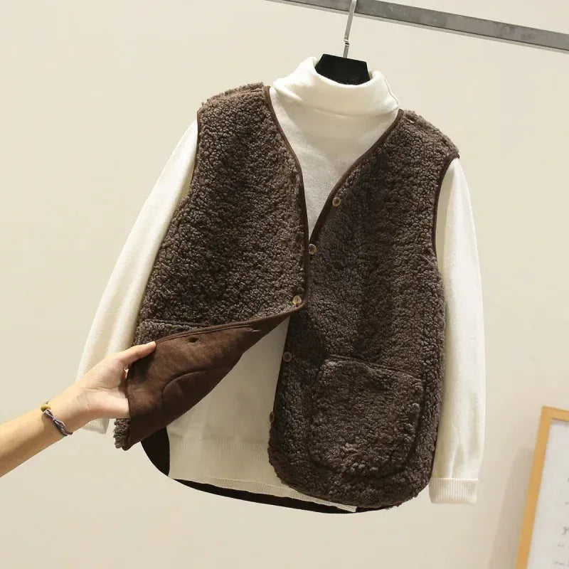 T-line S / Coffee Lamb Fur Women's Vest, Short , Autumn Winter,  Fluffy (2 weeks delivery)