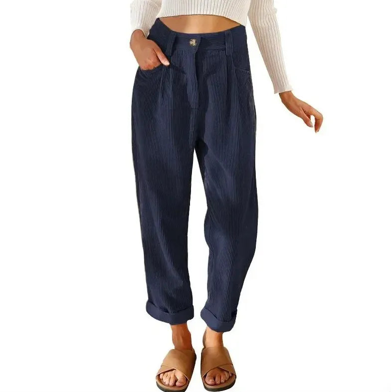T-line S / Dark Blue Autumn  Women's High-Waisted  Pants, Solid Color, Loose-Fit, Straight-Leg (2 weeks delivery)