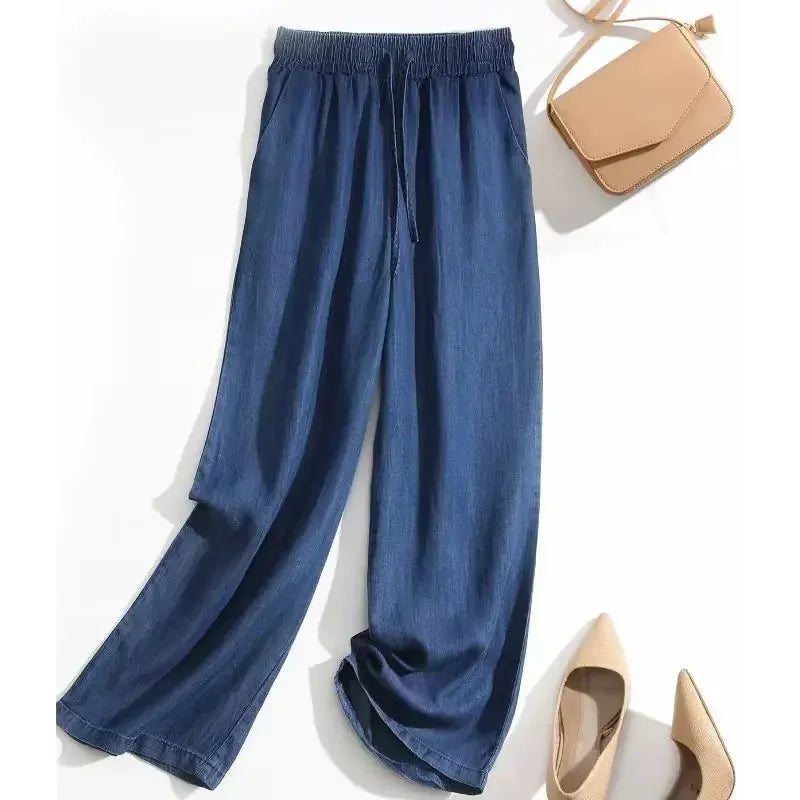 T-line S / Dark Blue Summer, Thin,  High Waist, Silk, Wide Leg, Jeans Women, Loose, Ice Silk, Straight Leg Pants, L Long Trousers (2 weeks delivery)