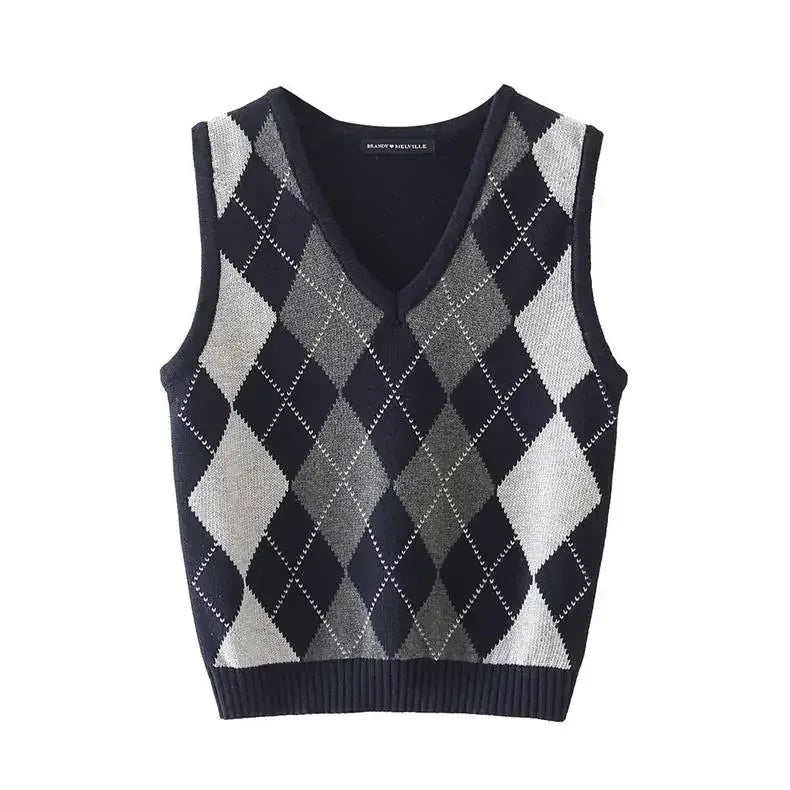 T-line S / Gray Plaid V-Neck Knitted Top Vest Women,  Outerwear (2 weeks delivery)