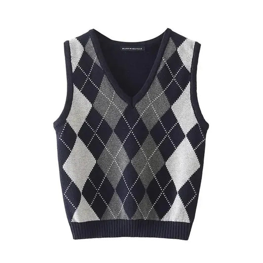 T-line S / Gray Plaid V-Neck Knitted Top Vest Women,  Outerwear (2 weeks delivery)