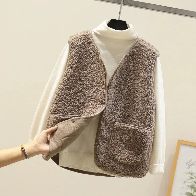 T-line S / Khaki Lamb Fur Women's Vest, Short , Autumn Winter,  Fluffy (2 weeks delivery)