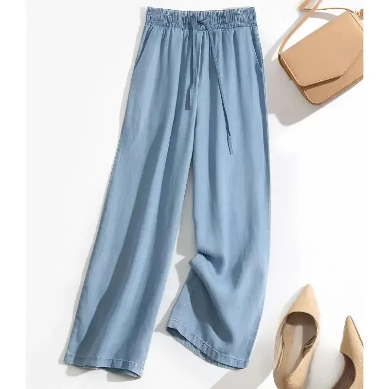 T-line S / Light Blue Summer, Thin,  High Waist, Silk, Wide Leg, Jeans Women, Loose, Ice Silk, Straight Leg Pants, L Long Trousers (2 weeks delivery)