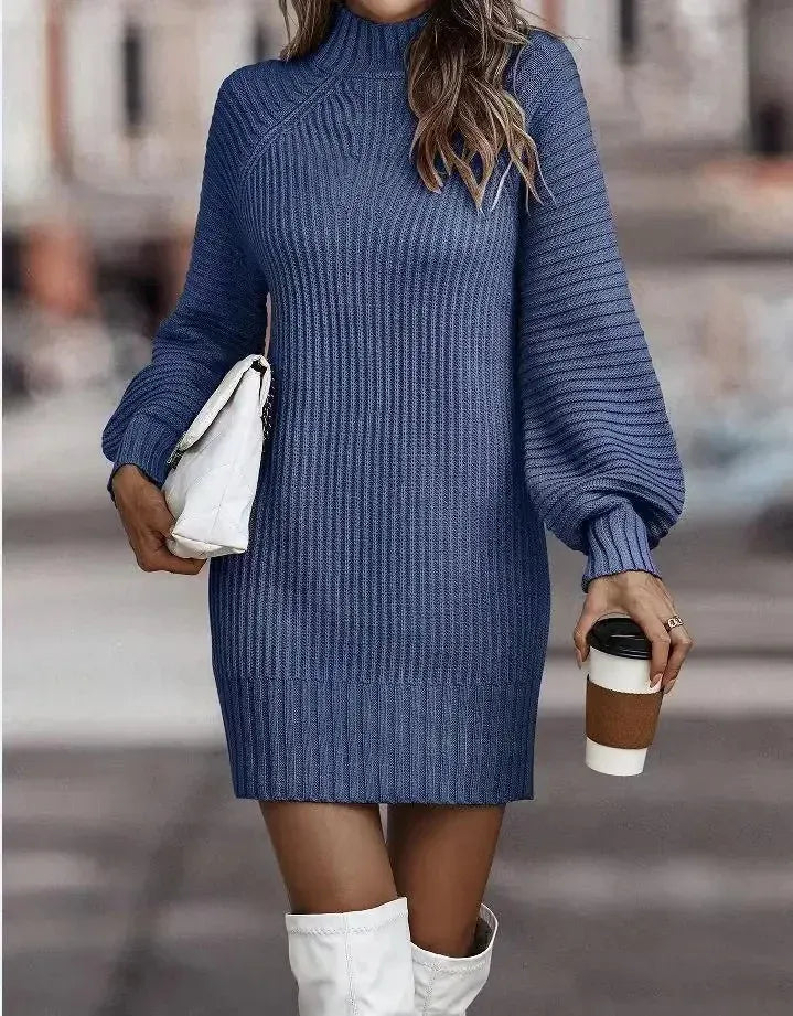 T-line S / Ocean Blue High Neck, Long Sleeve, Women's Knitted Dress, Sweater Autumn / Winter  Female (2 weeks delivery)