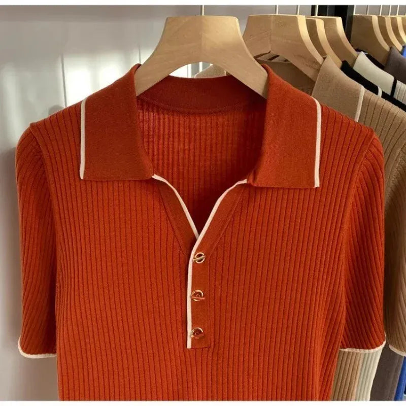 T-line S / Red Polo Neck Ice Silk T-Shirt Knitted , Short Sleeve , Slim  Women's  Sweatshirt (5 - 10  work days free delivery)