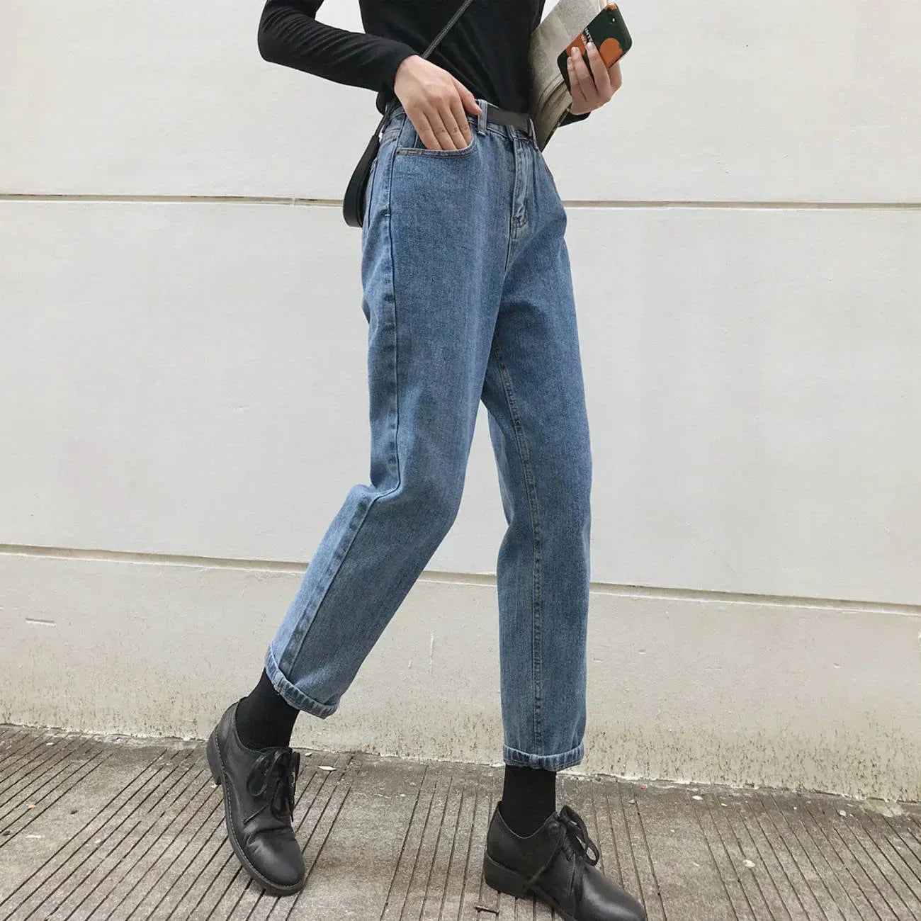 T-line S / Retro Blue Loose-Fit Slimming High-Waisted Jeans,   Women  Straight-Leg Pants, trouser (2 weeks delivery)